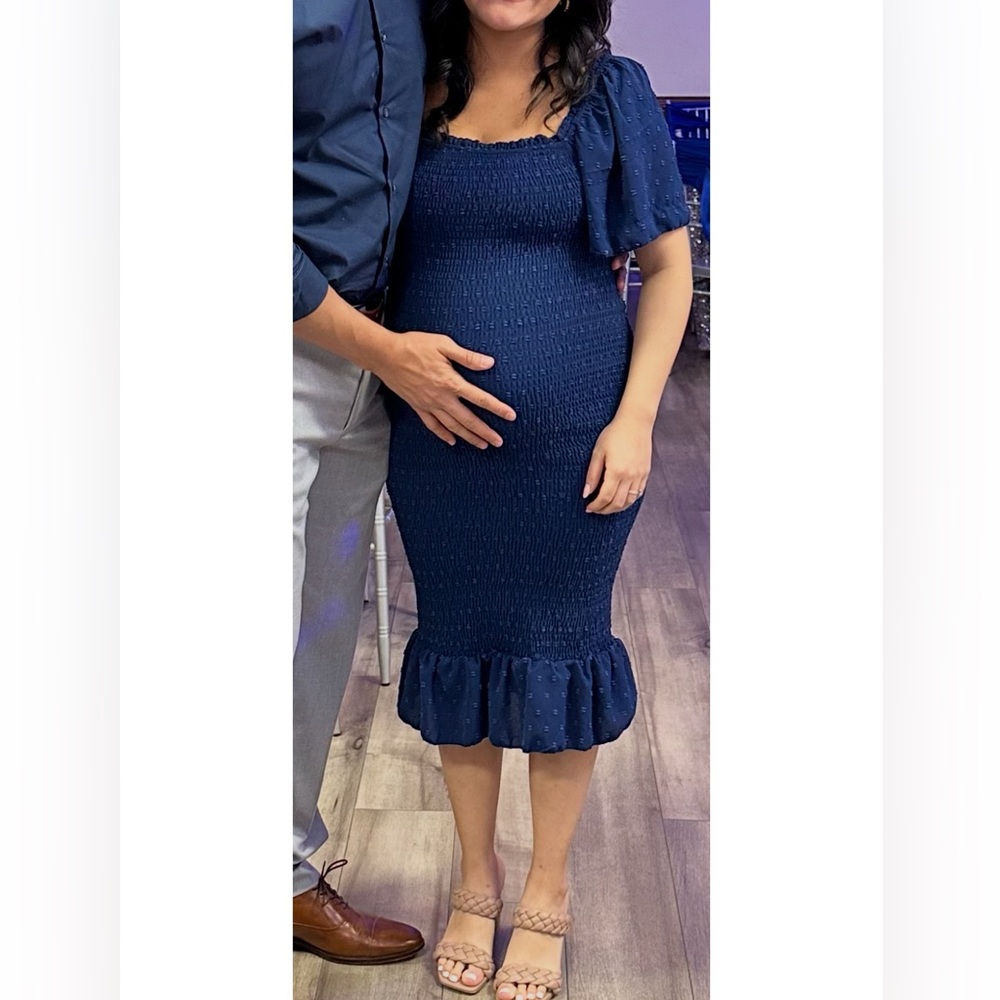 Navy Smocked Puff-Sleeve Women’s Dress maternity